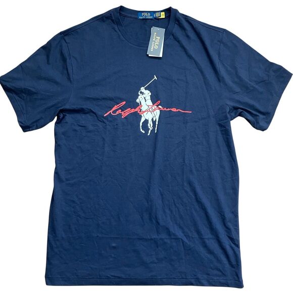 Polo Ralph Lauren T-Shirt Mens L Tall Navy Blue Crewneck Classic Graphic Print - Picture 1 of 11